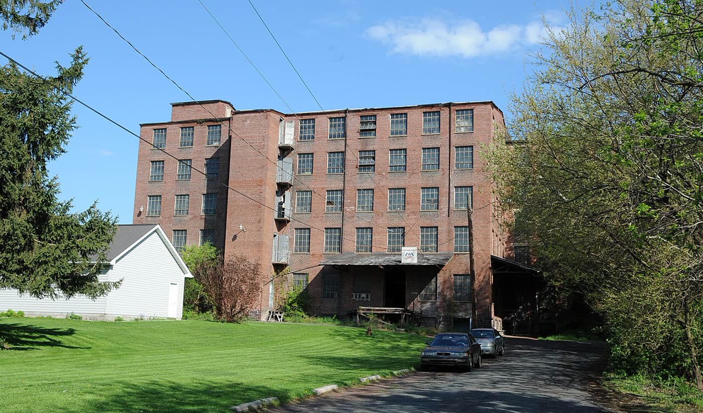 The historic Boyertown Burial Casket Company factory building, a large brick industrial building