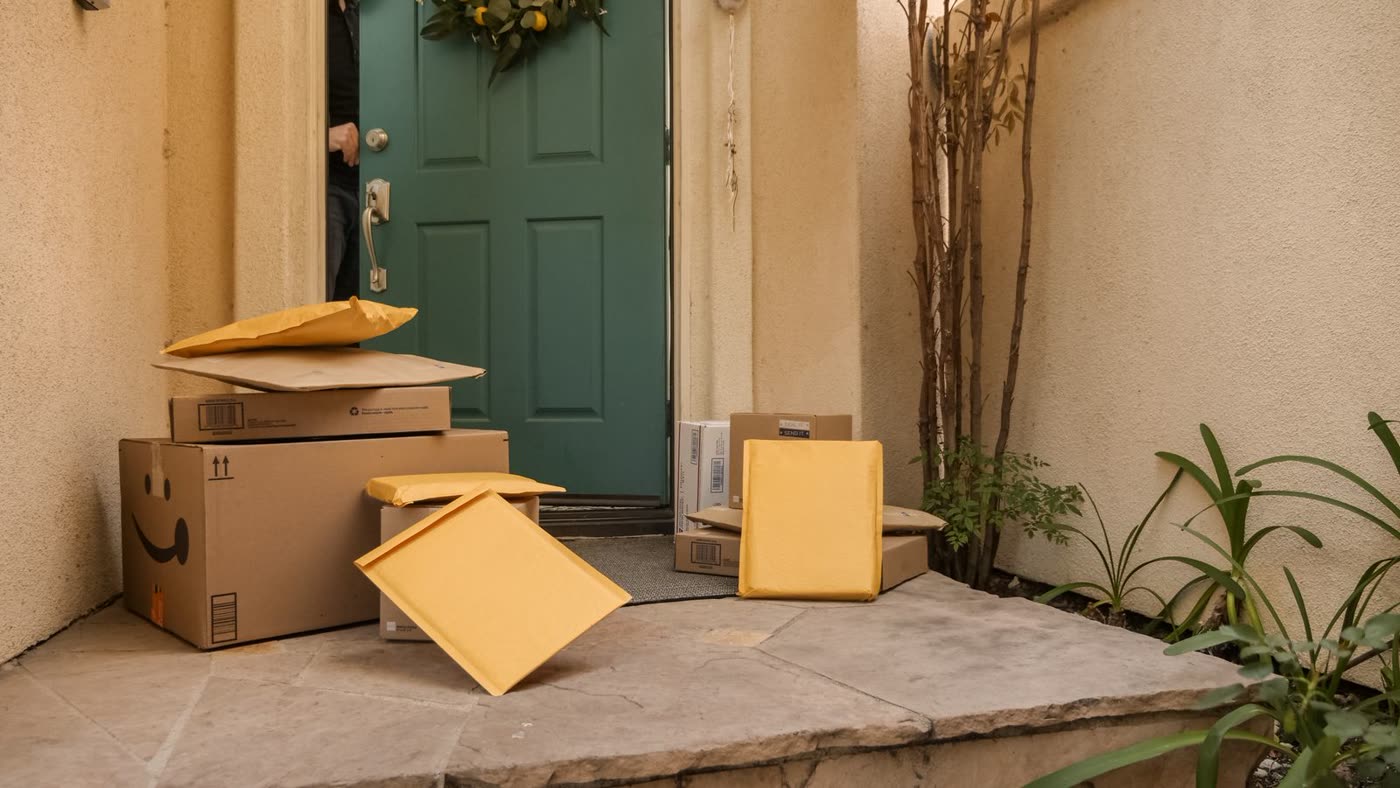 Delivery packages stacked at a front door